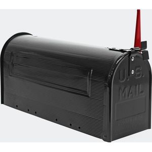 Amerikaanse Brievenbus, Zwart gecoat; Amerikaanse brievenbus, usmailbox, usa mailbox, brievenbus op paal, straatbrievenbus. US Brievenbus met vlaggetje - Multistrobe