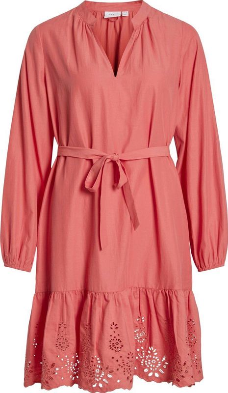 Vila - Vikelli - Koraalrode Jurk - Korte Mouwen - V-hals