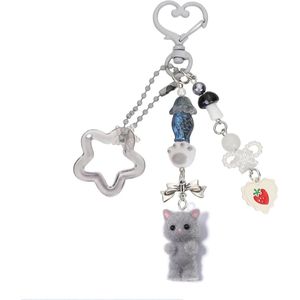 Pluizige kattenhanger sleutelhanger (grijs/zwart) - schattig cadeau voor koppels en meisjes