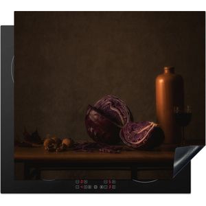 KitchenYeah® Inductie beschermer 60x52 cm - Stilleven - Rode Kool - Tafel - Schilderij - Vaas - Donker - Kunst - Kookplaataccessoires - Afdekplaat voor kookplaat - Inductiebeschermer - Inductiemat - Inductieplaat mat