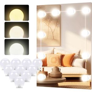 10 Hollywood-ledlampen Spiegellicht-Set met dimbaar LED-licht voor cosmetica - badkamerverlichting met 3 kleuren - 9 helderheidsniveaus - verstelbare USB-kabel