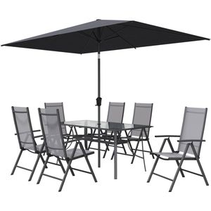 NATERIAL - Tuinmeubelset OVION - Rechthoekige tafel 168X88X73 cm - 6 klapstoelen - 1 parasol 293X300 cm - Aluminium - Staal - Glas - Textilene - Antraciet - Tuinmeubelen