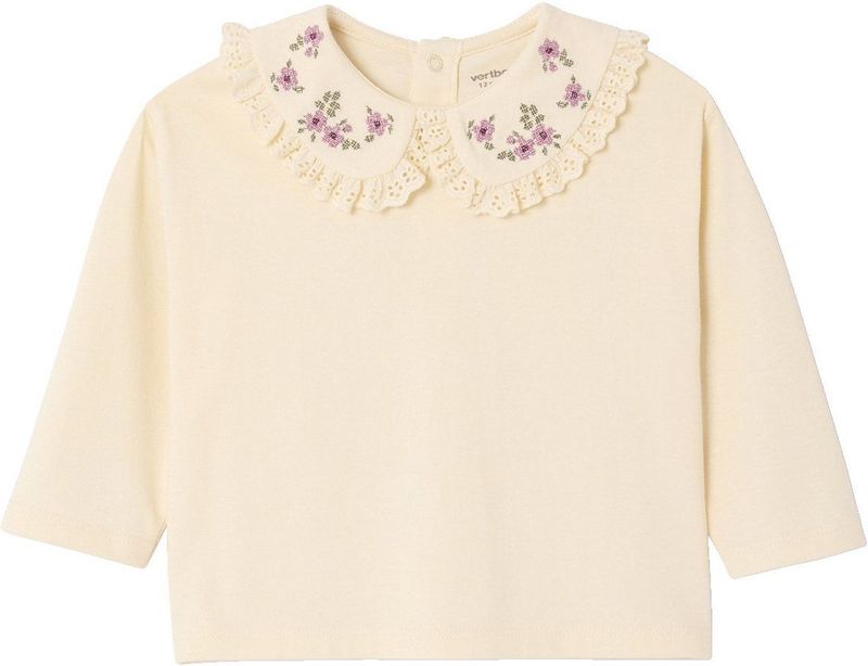 T-shirt - Ecru - Baby - Lange Mouwen - Geborduurde Kraag