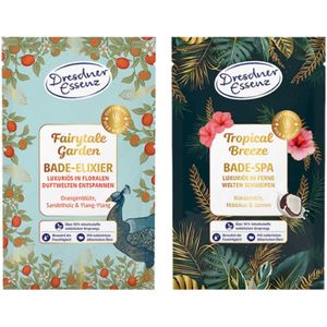 Badzout Combi - Set van 2 - Fairytale Garden & Tropical Breeze | 2x 60g - Sinaasappelbloesem, sandelhout en ylang-ylang & Kokosmelk, hibiscus en jasmijn | Dresdner Essenz Badzout - Vegan