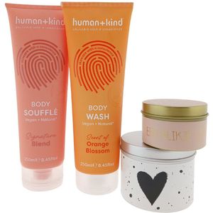 Human+Kind Cadeauset Douche & Body - Liefde- Human + Kind Body Souffle / Milk 250ml Signature blend - Human + Kind Body Wash 250ml Orange Blossom - Snoepjeblikje met hart - Myflame kaars blikje liefde