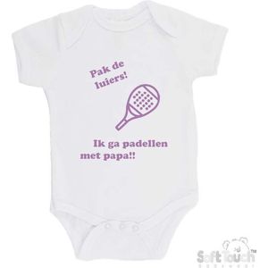 100% katoenen Romper ""Pak de luiers! Ik ga padellen met papa!!"" Padel Meisjes Katoen Wit/lila Maat 62/68
