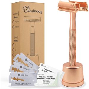 Duurzame Safety Razor met Vlindersluiting en 20 Scheermesjes - Roze Goud voor een Gladde Huid