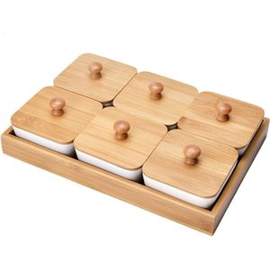 Snackschalen, dipschalen met houten deksels en dienblad, keramische snackdienblad, schaaltjes set op houten dienblad, ideaal voor saus, dips, specerijen, kruiden, snacks, zout, peper