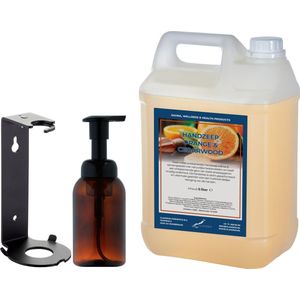 Zeepdispenser 300 ml amber bruin hervulbaar + 5 liter Handzeep Sweet Orange & Cedarwood navulling (inclusief beugel)