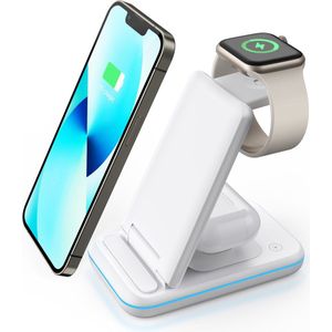 3-in-1 draadloos oplaadstation, opvouwbaar,draadloze oplader met USB-C cabel voor iPhone 14/13/12/11 Pro Max/X/Xs Max/8/8 Plus, iWatch 7/6/5/SE/4/3/2, AirPods 3/2/Pro en Samsung en Qi-compatibele mobiele telefoon-Wit