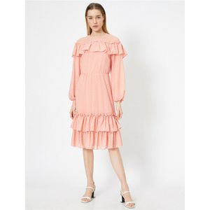 Koton Geplooide/gegolfde mouw Ronde hals Kiel Roze midi-jurk met lange mouwen en gelaagde zoom voor dames.