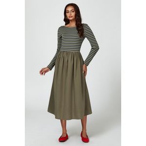 Midi-jurk met lange mouwen en strepen in olijfgroen