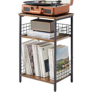 Platenspeler Meubel – Stand Platenspelerstandaard Met Vinyl Opbergvakken - Rustieke Platenopbergkasthouder - Draaitafelstandaard – 3 Laags Bijzettafel - 40 × 29 × 62,5 cm
