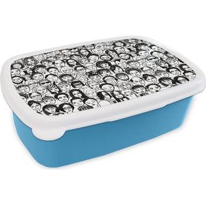 Broodtrommel Blauw - Lunchbox - Brooddoos - Patronen - Gezicht - Zwart Wit - 18x12x6 cm - Kinderen - Jongen
