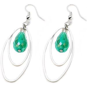 Zilverkleurige oorhangers met ovale ringen en groene druppel kristal hanger