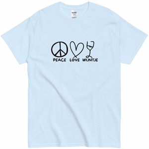 Tshirt met Tekst en Wijnglas - Vrede Liefde Wijntje - Origineel Cadeau Vrouwen en Mannen - Blauw - S