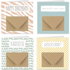 4x Kaarten met cadeau envelop / Verjaardagskaarten / Wenskaarten | voor geld of cadeaukaart | PASTEL | incl. sluitstickers