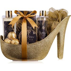 Verjaardag cadeau vrouw - Badset in glitter pump Goud - Beautiful shine - Vanilla Almond - Geschenkset vrouwen, moeder, vriendin, zus, oma, mama - Grappig