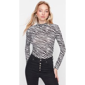 Trendyol Zwarte Tailleband Met Zebrapatroon, Aansluitende/Gelegen Flexibele Gebreide Bodysuit Met Drukknopen Twoss20Bd0003