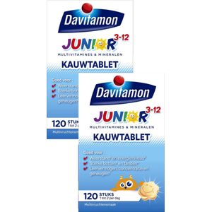 Davitamon Junior 3+ multivitaine - Multivitaminen speciaal voor kinderen - Multifruit - 2 x 120 kauwtabletten - BUNDEL