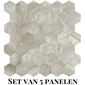 Wallways Wandpanelen - Plaktegels - Set van 5 Tegels - Tegelsticker - Zelfklevende Tegels - 4MM dik - Aluminium toplaag - Waterdicht - Krasbestendig - Hittebestendig - 3M Kleeflaag - Hexagon Taupe Stone