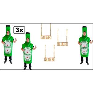 3x Bierfles pak kostuum + bier ketting - bier fles bierfeest thema party carnaval apres ski oktoberfest vrijgezellen feest grappig en fout festivalpak