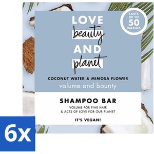 6 x Love Beauty and Planet - Shampoo Bar - Coconut Water & Mimosa Flower - Hydratatie & Volume - 90 g - Shampoobar - Volume Shampoo - Hydratatie Shampoo - Biologische Shampoo - Vegan Shampoo