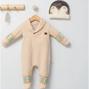 Boxpak jongens - beige - maat: 68/74 - kraamcadeau - zacht fluwelen - 2-delig- Jumpsuit Baby - babykleertje - Met drukknoopjes - Velours - penguins