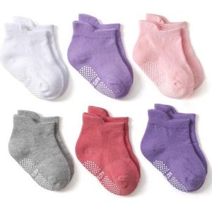 6 paar - Stevige Antislip sokken effen roze grijs paars  (1-3 jaar) - meisjes baby en dreumes enkelsokjes anti slip - Maat 21-24