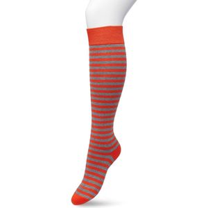 Bonnie Doon Dames Gestreepte Kniekousen Oranje/Grijs maat 36/42 - Knie Kousen - Streep Patroon - Strepen Print - Uitstekend draagcomfort - Basic Stripe Knee High - Kniesokken - Zakt niet af - OEKO-TEX - Oranje/Rood - Poinciana - BP211511.324