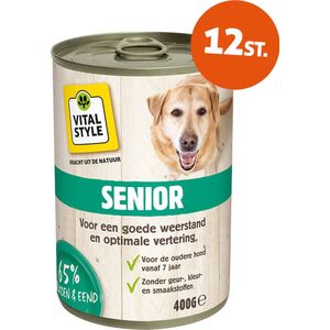 VITALstyle Hond Senior - Natvoer - Extra Ondersteuning Voor De Oudere Hond - Met o.a. Smalle Weegbree & Sint Janskruid - 400 g - 12 Stuks