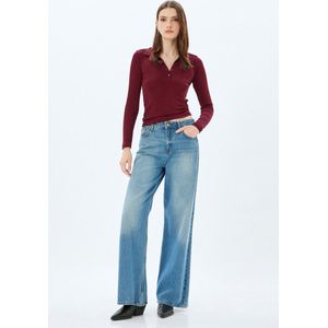 Koton - Poloshirt - Bordeaux - Knoopsluiting - Lange Mouw - Slanke Pasvorm