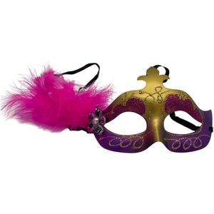 Gold Purple Mask with a Pink Feather