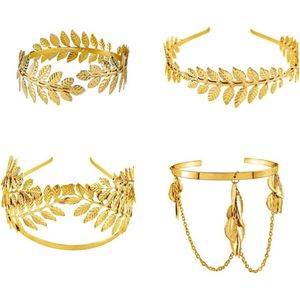 Gouden Griekse Godin Accessoires Set - Bladgouden Kroon, Gouden Bladarmband, Romeinse Laurierarmband, Bladhoofdband