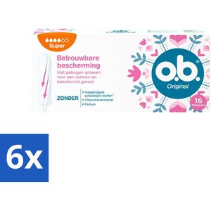 6 x o.b. Tampons - Original Super - Gebogen Groeven - Voor Betrouwbare Bescherming - 16 Tampons - Menstruatieschijfjes - Tampons - O.b. - Super - Gebogen Groeven