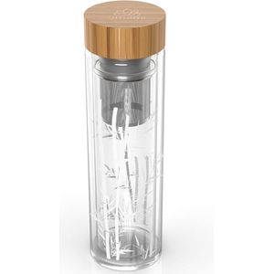 Glazen waterfles met thee-ei en antislipdeksel, dubbelwandig borosilicaatglas, met bamboe deksel, 482 ml, ontwerp: bamboe