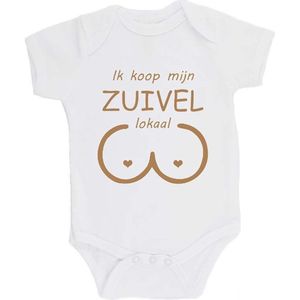 100% katoenen Romper bedrukt met grappige tekst Kado Cadeau Kraamkado Kraamcadeau ""Ik koop mijn zuivel lokaal"" Unisex Katoen Wit/cappuccino Maat 56/62