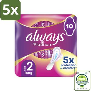 5 x Always Platinum - Maandverband - Maat 2 - Long - 10 Pads - Grootverpakking - Maandverband - Always Platinum - Langdurige Bescherming - Maandbloeding - Superabsorberend