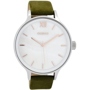 OOZOO Timepieces - Zilverkleurige horloge met groene leren band - C8603