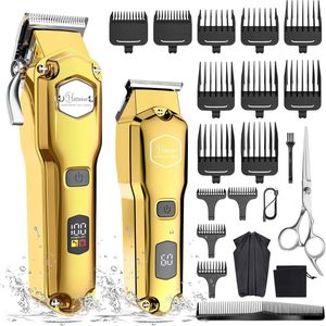 Hatteker Professionele Tondeuse Set voor Heren – Baardtrimmer & Haartrimmer – Met Schaar & Kapperscape – IPX7 Waterdicht – USB Oplaadbaar – T-Blade Trimmer(Goud)