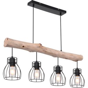 Landelijke hanglamp Mina zwart met hout 4-lichts - 15326-4N