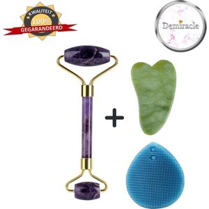 Demiracle Amethist Face Roller met Gua Sha Schraper en Blauwe Siliconen Gezichtsborstel - Gezichtsroller - Massage Roller - Jade Roller - Rimpelverwijdering - Ontspanning