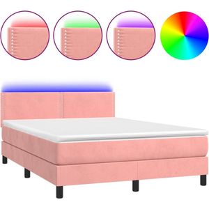 vidaXL - Boxspring - met - matras - en - LED - fluweel - roze - 140x200 - cm