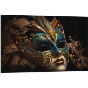 Vlag - Venetiaanse carnavals Masker met Blauwe en Gouden Details tegen Zwarte Achtergrond - 90x60 cm Foto op Polyester Vlag