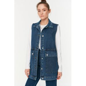 Trendyol Standaard mouw Basis Donkerblauw overhemdkraagzak Gedetailkunstleerd 100% katoen denim vestjack TCTAW22CK0006