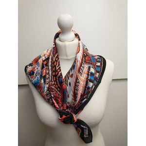 Vierkante dames sjaal Maci fantasiemotief zwart wit rood donkerblauw roze oranje azuur blauw 90x90