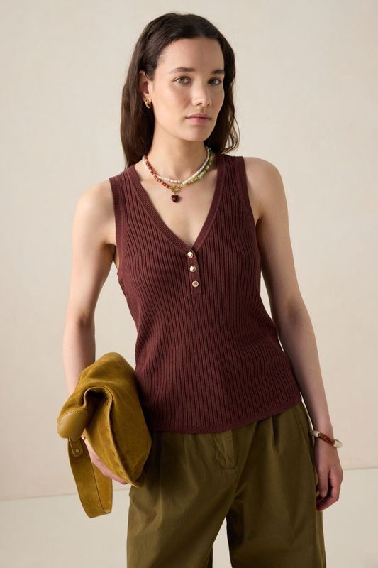 Sissy-Boy - Donkerrood - Gebreid Singlet - V-halslijn - 63% Viscose - 37% Katoen