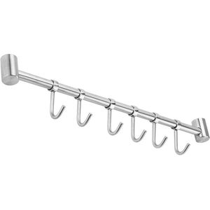 Roestvrij stalen keukenrailing met 6 beweegbare haken - 35.8 x 3.4 x 2.2 cm- keukengerei stang bekerhouder muurhouder ophangrek keukengerei