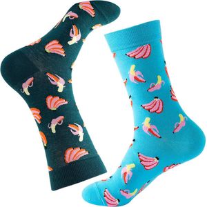 Sokken - 2 paar - Bananen - Groen - Blauw - Maat 37-44