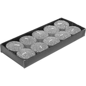 Gerimport theelichtjes/waxinelichtjes kaarsjes- 10x - zilver glitters 3,5 cm